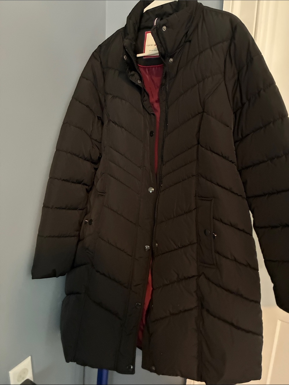Tommy Hilfiger Black Quilted Long Puffer Coat with Snap & Zip